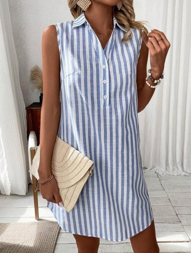 Robe Chemise Sans Manches – Col V & Boutons