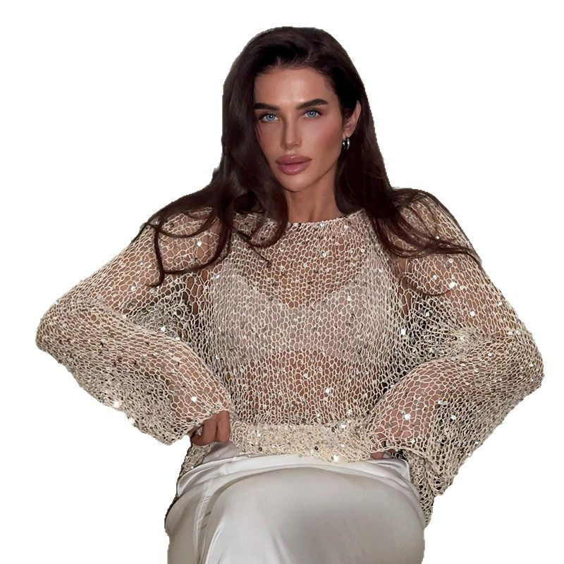 Haut Femme à Sequins – Manches Longues Ajourées