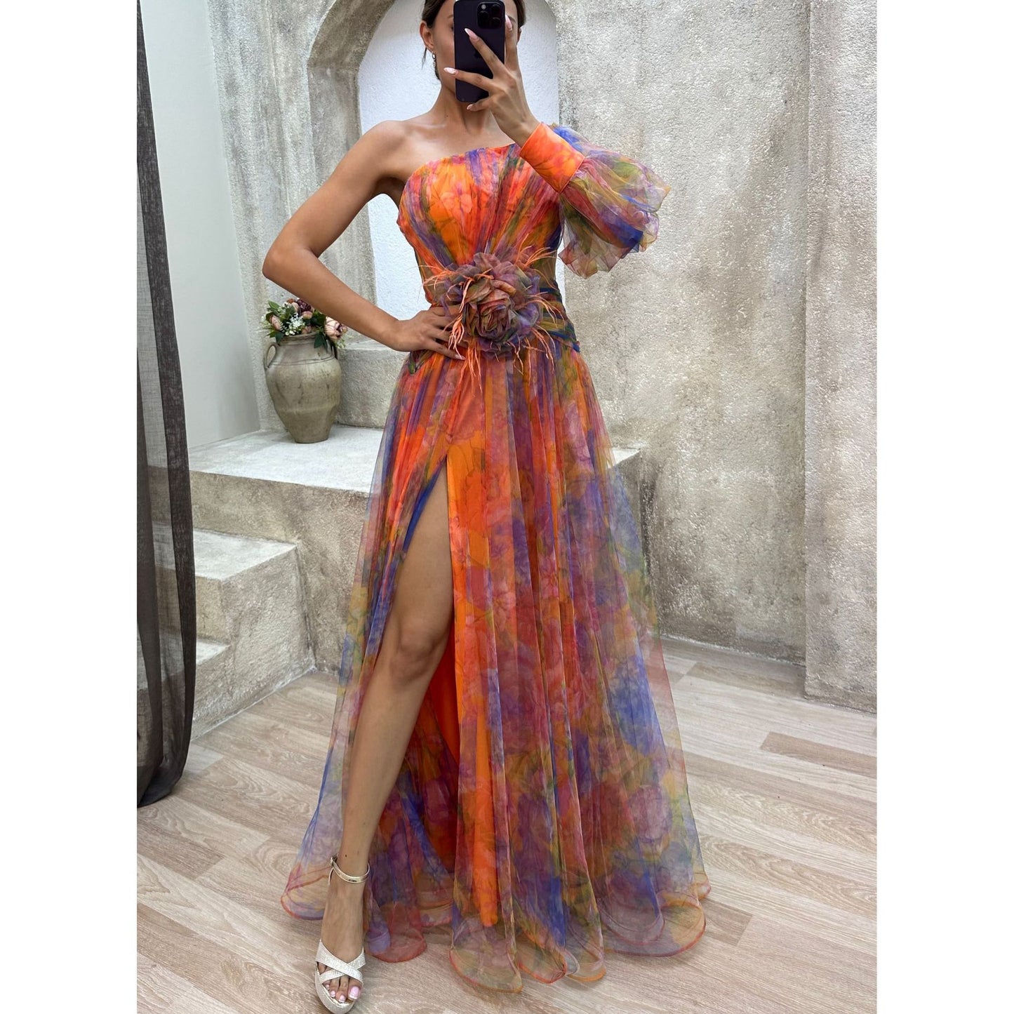 Robe Longue Tie-Dye – Épaules Nues & Fente