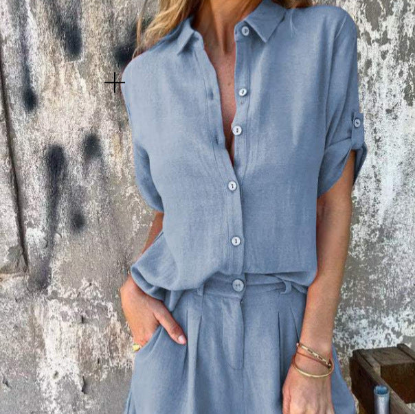 Ensemble femme : chemise à manches courtes à revers et short à poches