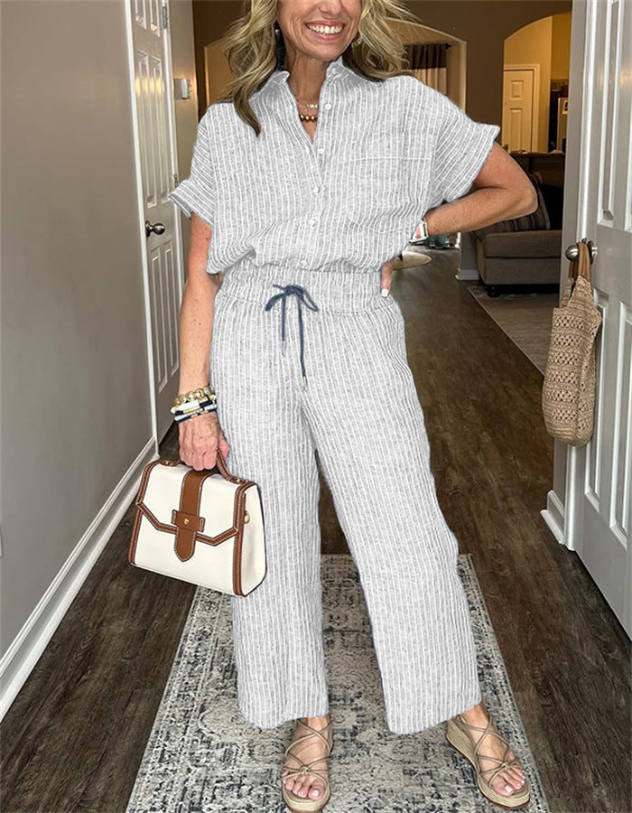 Ensemble Femme – Chemise à Lacets & Pantalon Long