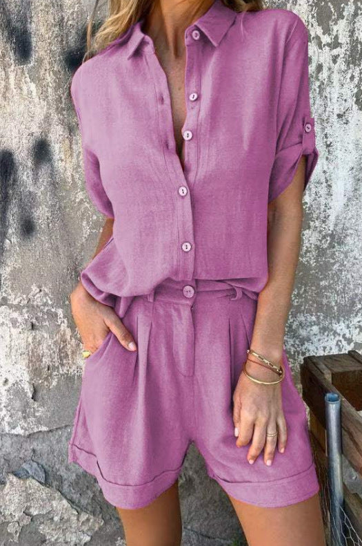 Ensemble femme : chemise à manches courtes à revers et short à poches