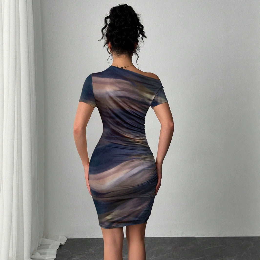 Robe Dégradée Femme – Épaules Obliques & Style Décontracté Tie-Dye