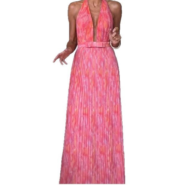 Robe Longue Sexy à Bretelles – Imprimé Rose & Détails Lacés