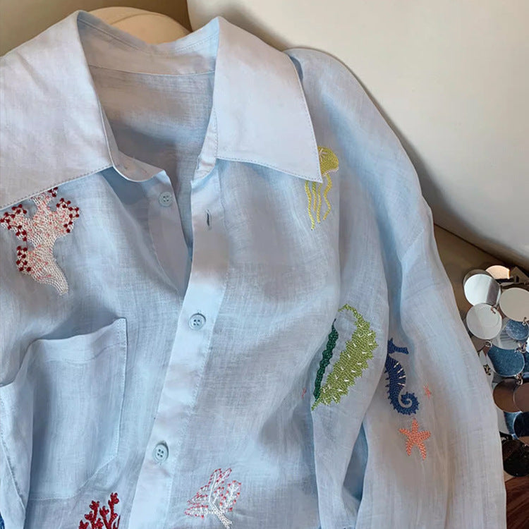 Chemise de Protection Solaire Femme – Broderies Florales