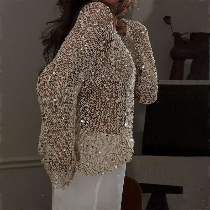 Haut Femme à Sequins – Manches Longues Ajourées