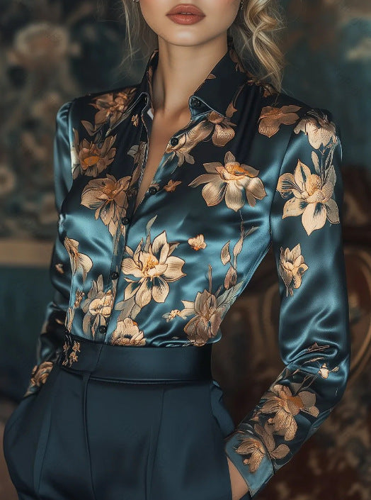 Chemisier Femme Bleu Marine à Fleurs – Style Élégant et Décontracté
