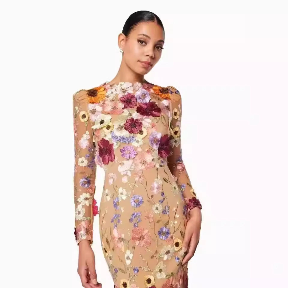 Robe Sirène à Motifs Floraux – Manches Longues