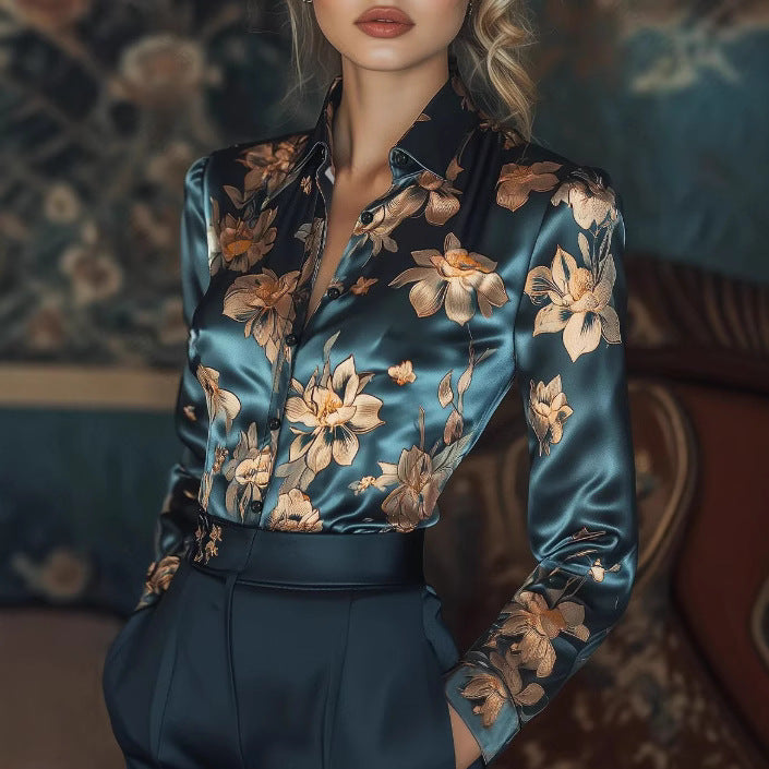 Chemisier Femme Bleu Marine à Fleurs – Style Élégant et Décontracté