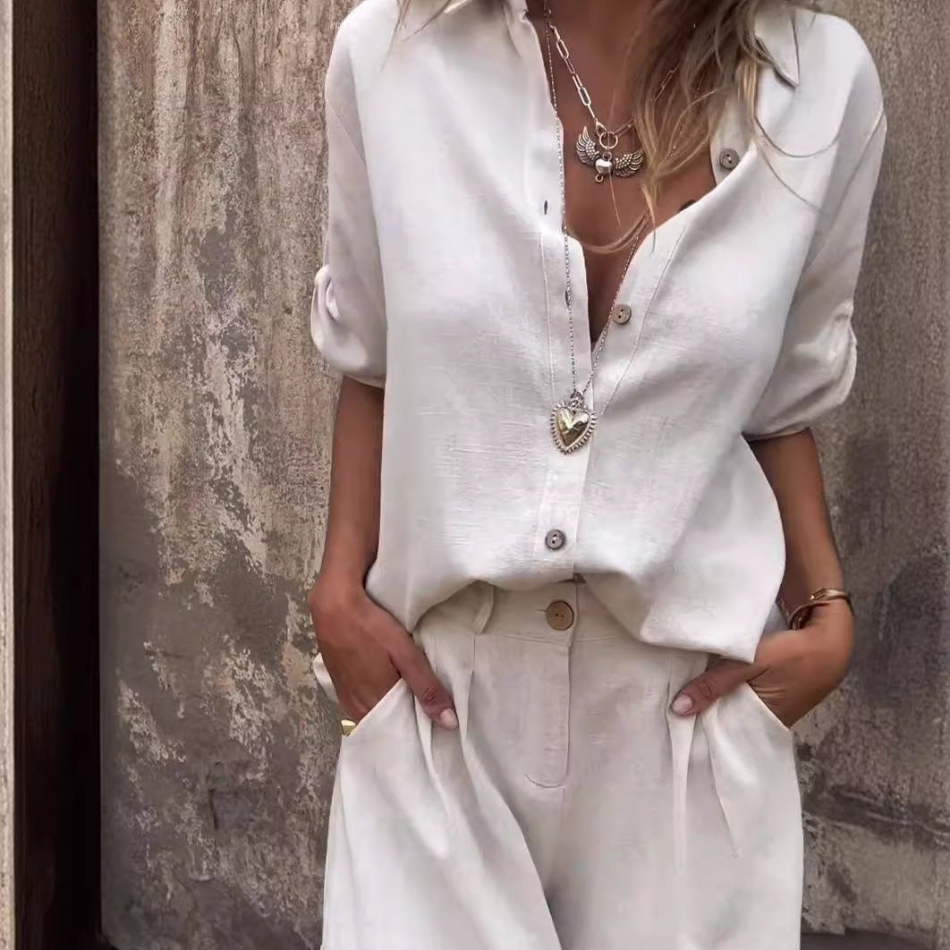 Ensemble femme : chemise à manches courtes à revers et short à poches