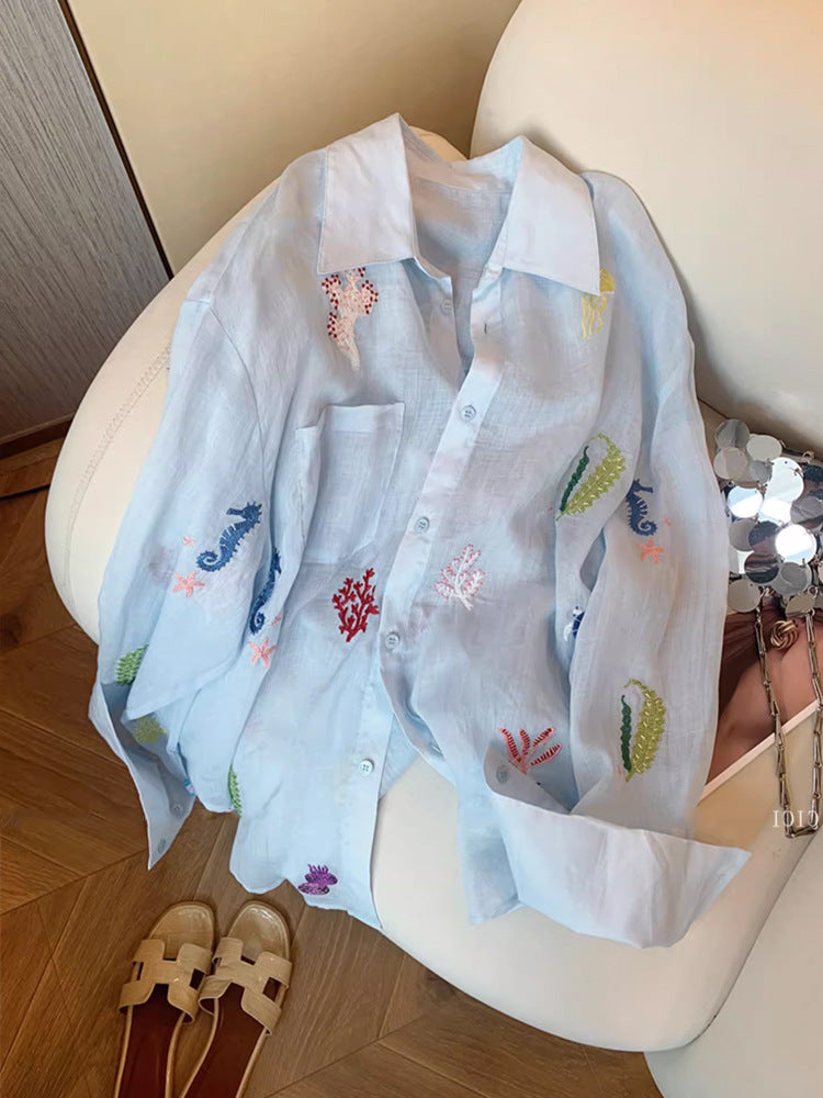 Chemise de Protection Solaire Femme – Broderies Florales