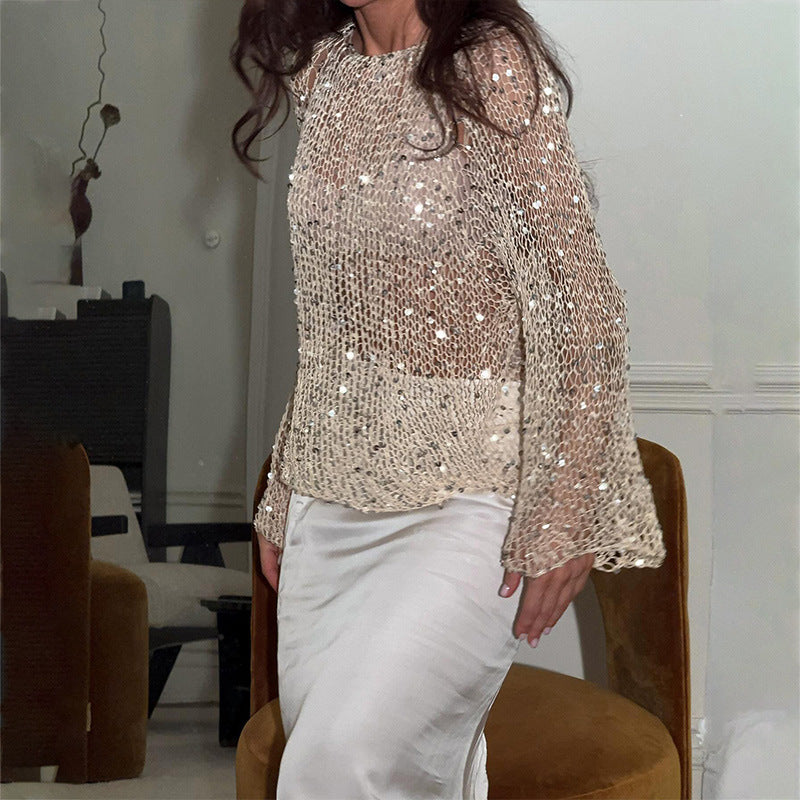Haut Femme à Sequins – Manches Longues Ajourées