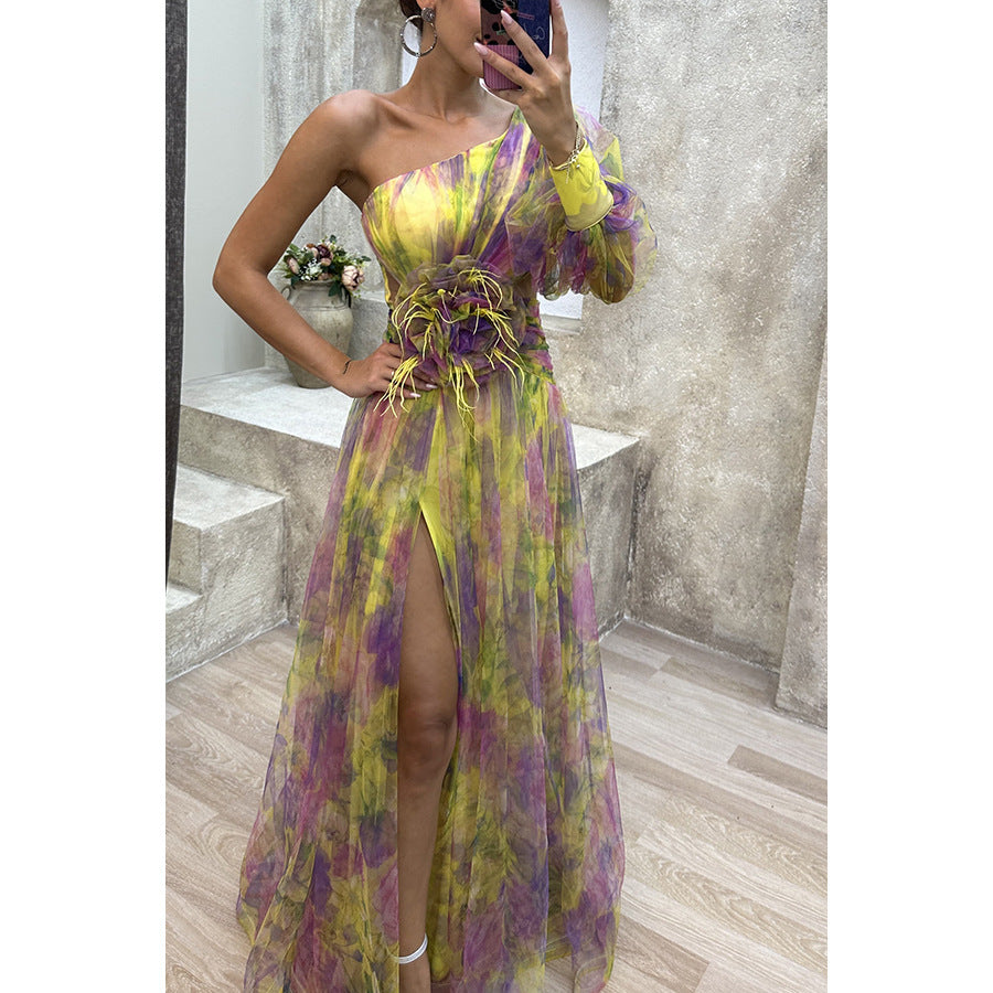 Robe Longue Tie-Dye – Épaules Nues & Fente