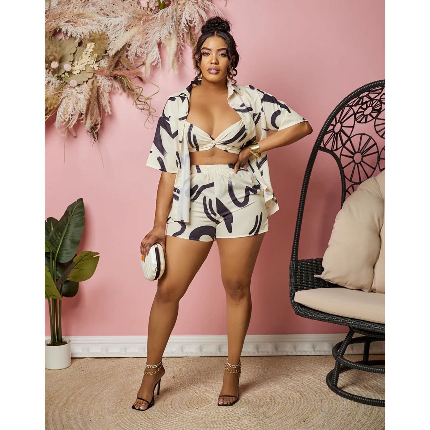 Ensemble Femme 3 Pièces – Veste Imprimée, Brassière et Pantalon