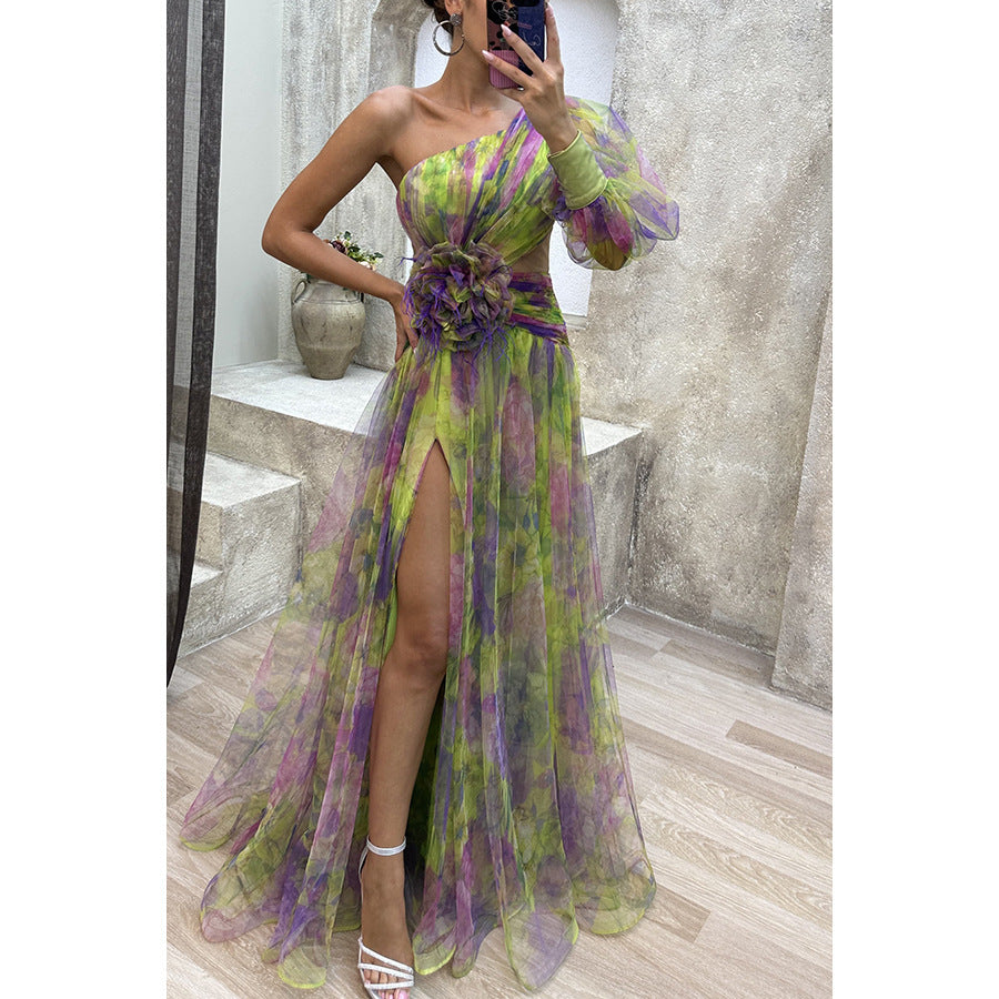 Robe Longue Tie-Dye – Épaules Nues & Fente