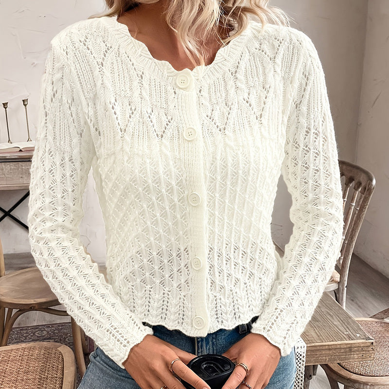 Cardigan Femme Uni Élégant – Col Rond Boutonné