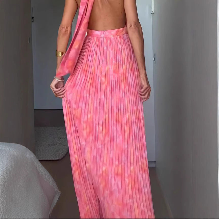 Robe Longue Sexy à Bretelles – Imprimé Rose & Détails Lacés