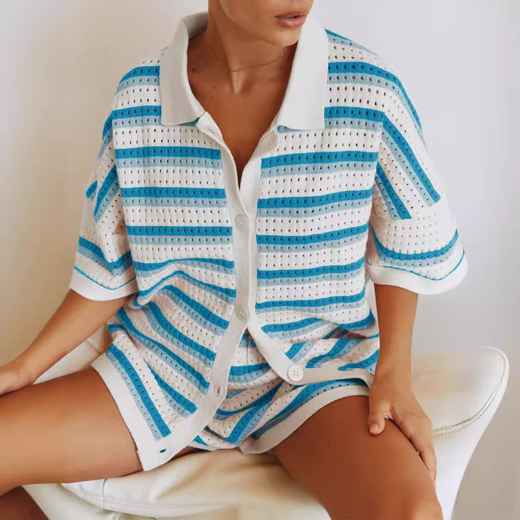Ensemble Femme Été – Gilet Rayé en Maille & Short