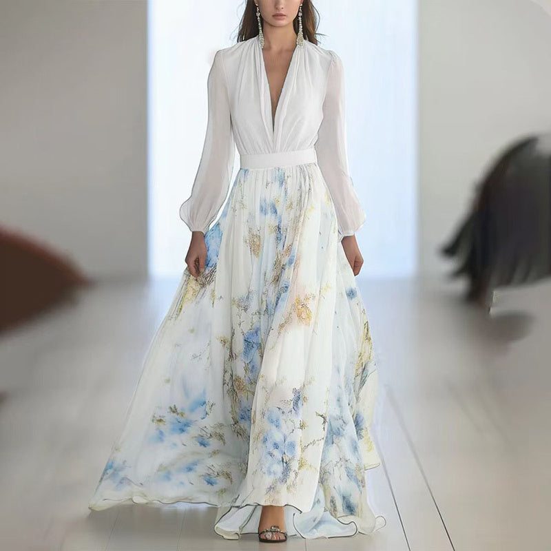 Robe Longue Bohème à Fleurs – Col V Profond & Manches Longues