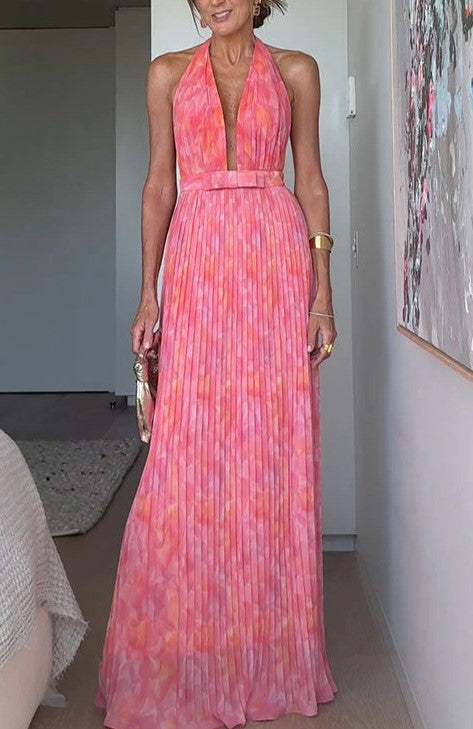 Robe Longue Sexy à Bretelles – Imprimé Rose & Détails Lacés