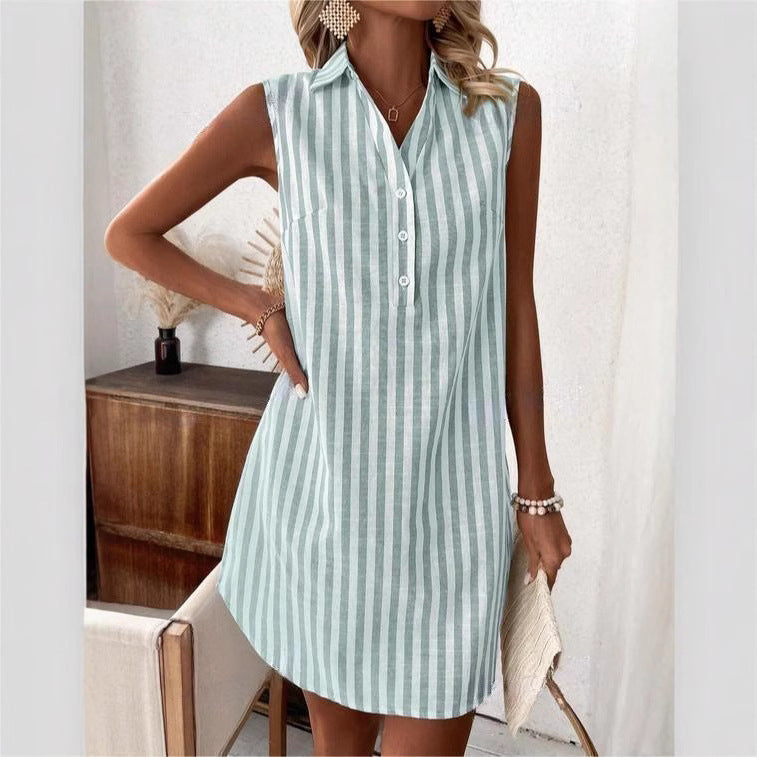 Robe Chemise Sans Manches – Col V & Boutons
