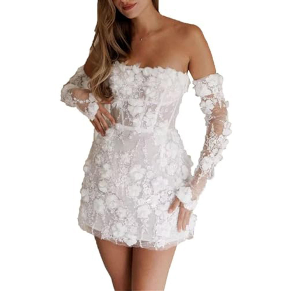 Robe de soirée de mariage à épaules dénudées et manches longues en A