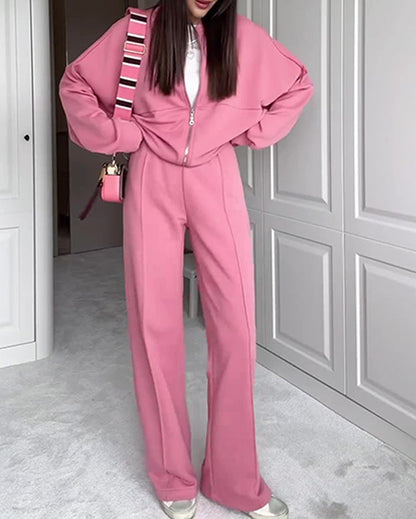 LUNÉA — Ensemble Décontracté Zippé Pull & Pantalon Uni