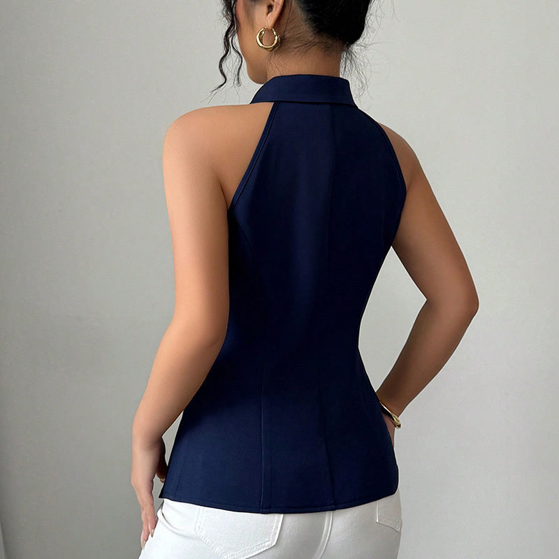 Gilet Sans Manches Femme – Slim Fit, Col à Revers, Boutonnage