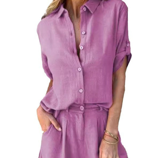 Ensemble femme : chemise à manches courtes à revers et short à poches