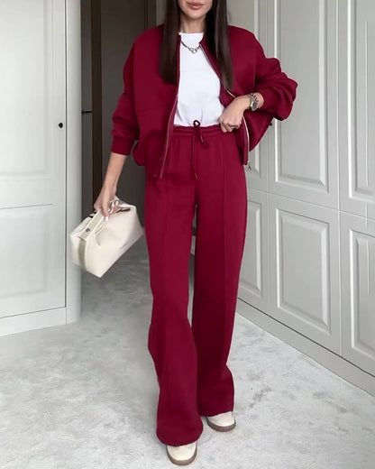 LUNÉA — Ensemble Décontracté Zippé Pull & Pantalon Uni