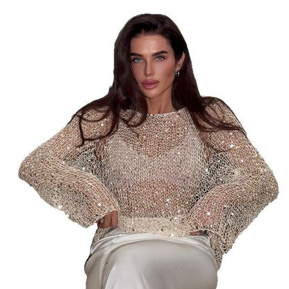 Haut Femme à Sequins – Manches Longues Ajourées