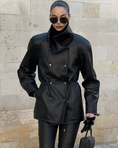 Noctéra – Veste en Similicuir Manches Lanternes