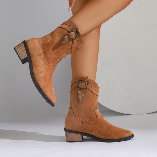 Bottes Mi-Mollet en Suédine avec Rivets & Boucles