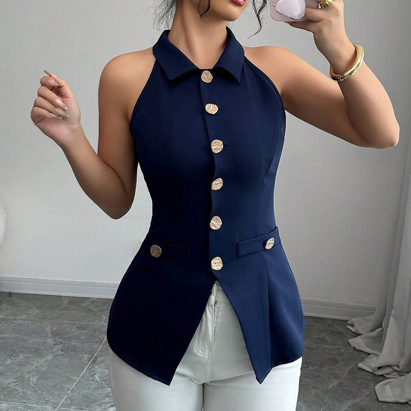Gilet Sans Manches Femme – Slim Fit, Col à Revers, Boutonnage
