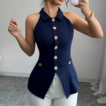 Gilet Sans Manches Femme – Slim Fit, Col à Revers, Boutonnage