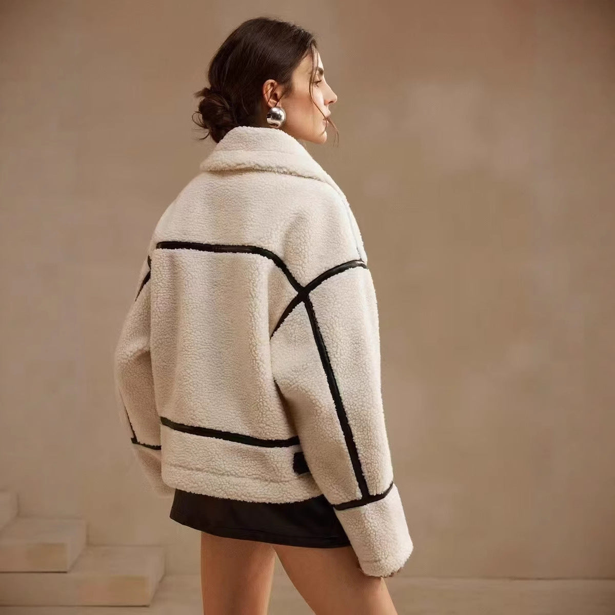 Veste Douce Abricot à Col en Fourrure