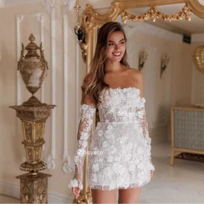 Robe de soirée de mariage à épaules dénudées et manches longues en A