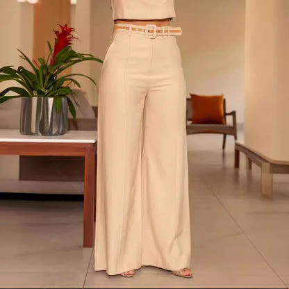 Costume pantalon large taille haute à col rond et manches courtes de couleur unie