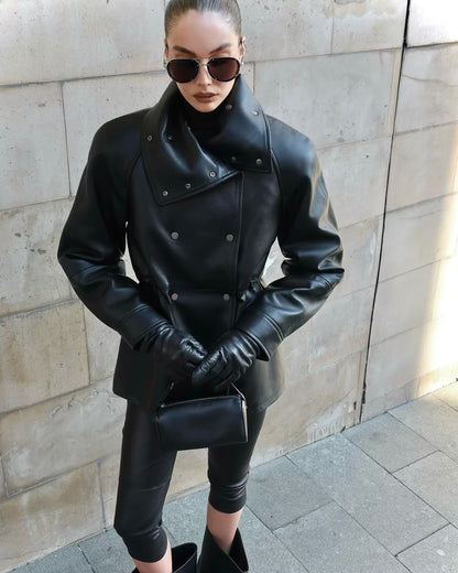 Noctéra – Veste en Similicuir Manches Lanternes