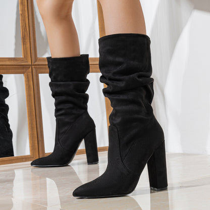 Bottes Femme en Suédine – Talons Épais Ultra-Hauts & Bout Pointu