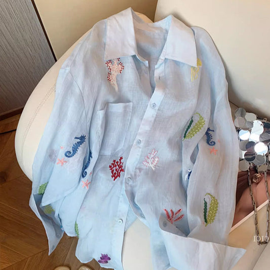Chemise de Protection Solaire Femme – Broderies Florales