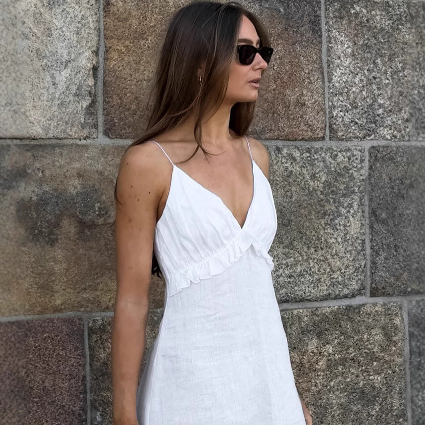 Robe Blanche Sexy en Coton Lin à Volants