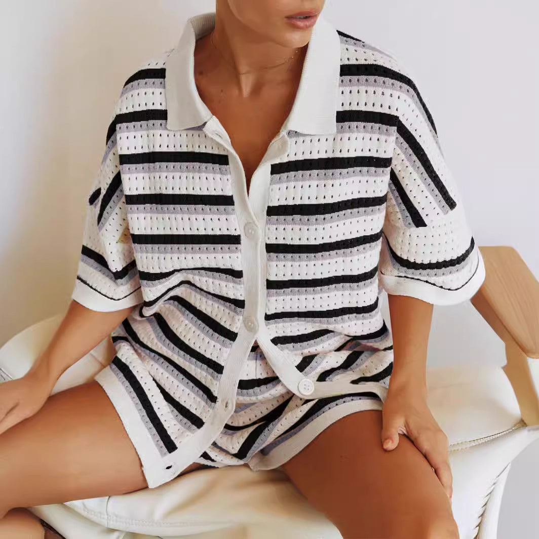 Ensemble Femme Été – Gilet Rayé en Maille & Short
