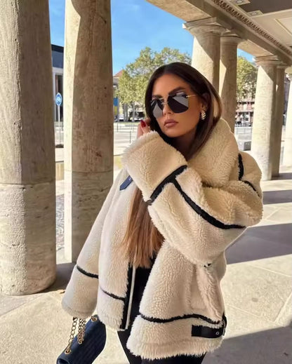 Veste Douce Abricot à Col en Fourrure