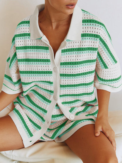 Ensemble Femme Été – Gilet Rayé en Maille & Short