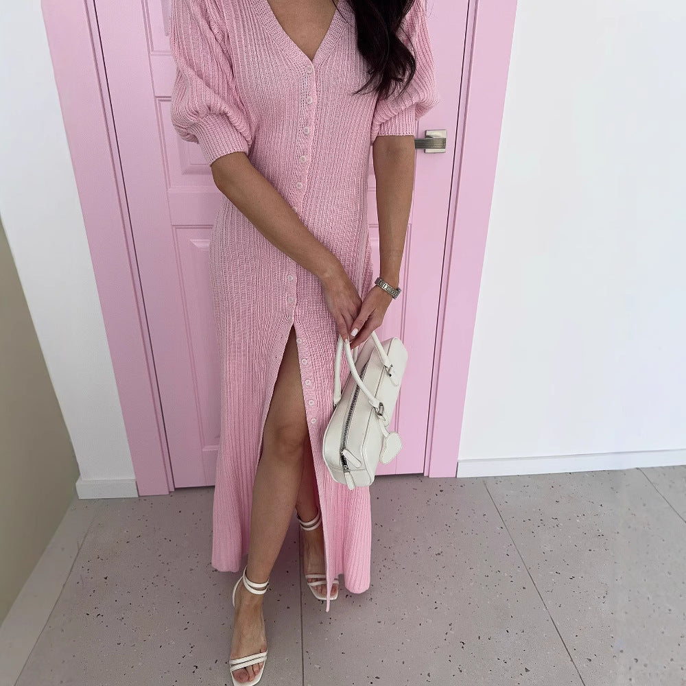 Robe boutonnée simple à manches bouffantes