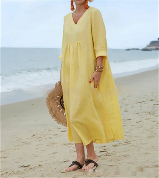 Robe col V en coton et lin, manches longues