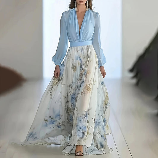 Robe Longue Bohème à Fleurs – Col V Profond &amp; Manches Longues