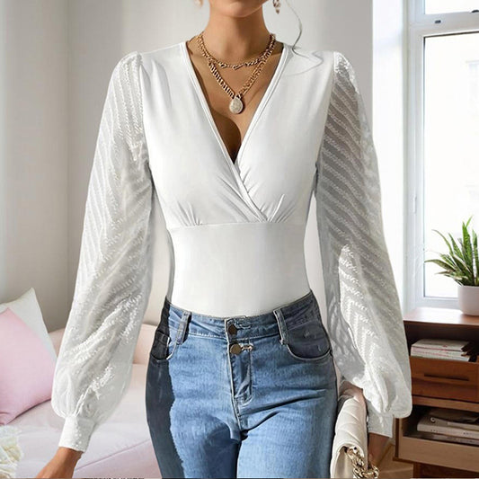 Blouse Élégante Femme – Col V Croisé Profond & Manches Longues en Chiffon Transparent
