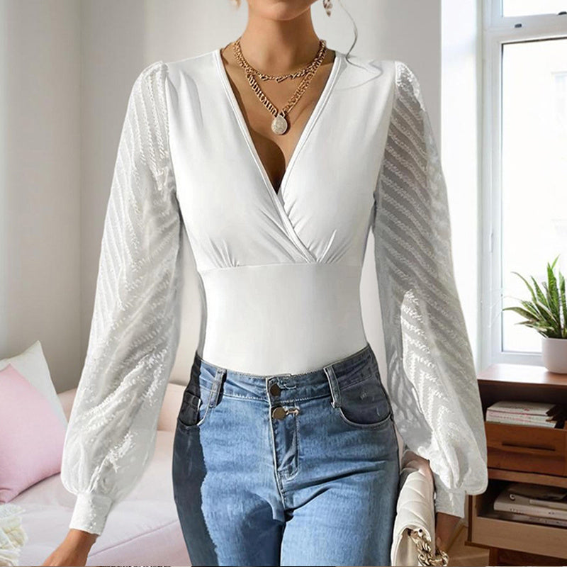 Blouse Élégante Femme – Col V Croisé Profond & Manches Longues en Chiffon Transparent